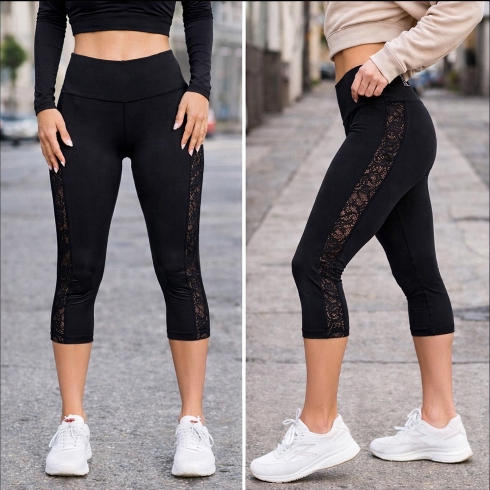 Onzie Black Lace Panel High Rise Leggings | Yoga Gym Activewear Crop Capri